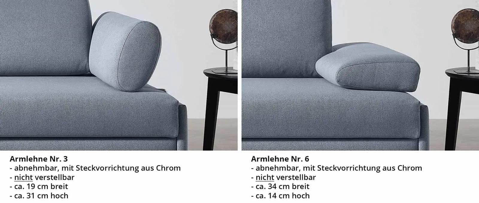 Für das WIEN DELUXE Schlafsofa steht Ihnen eine Auswahl an 2 verschiedenen Armlehnen zur Verfügung