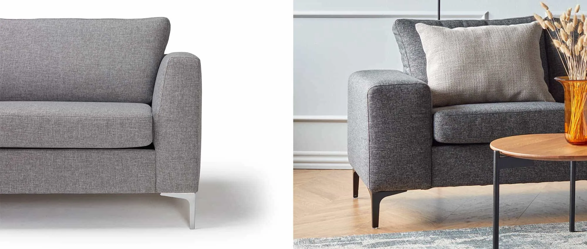 Der TRELLEBORG Pouf ist mit Chromfüßen oder schwarzen Metallfüßen verfügbar - hier gezeigt am TRELLEBORG Designer Sofa
