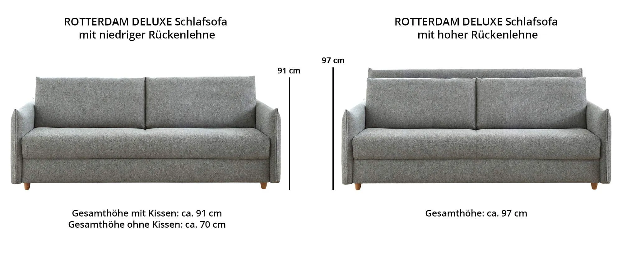 Für das ROTTERDAM DELUXE Dauerschläfer Sofa sind 2 verschiedene Rückenhöhen erhältlich