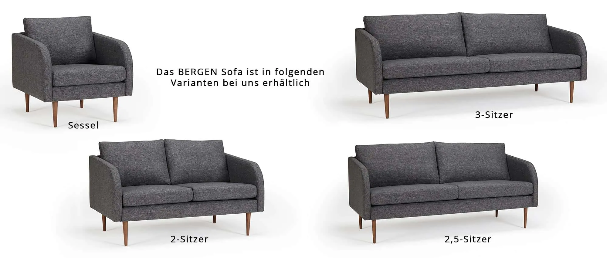 Das BERGEN Designer Sofa ist als 2-Sitzer, 2,5-Sitzer, 3-Sitzer und als Sessel bei uns erhältlich