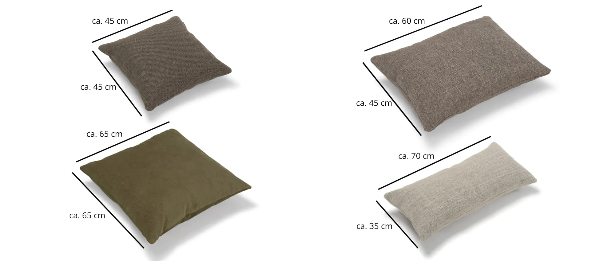 Das TURKU Kissen in vier verschiedenen Größen: ca. 45x45 cm, 60x45 cm, 70x35 cm, 65x65 cm