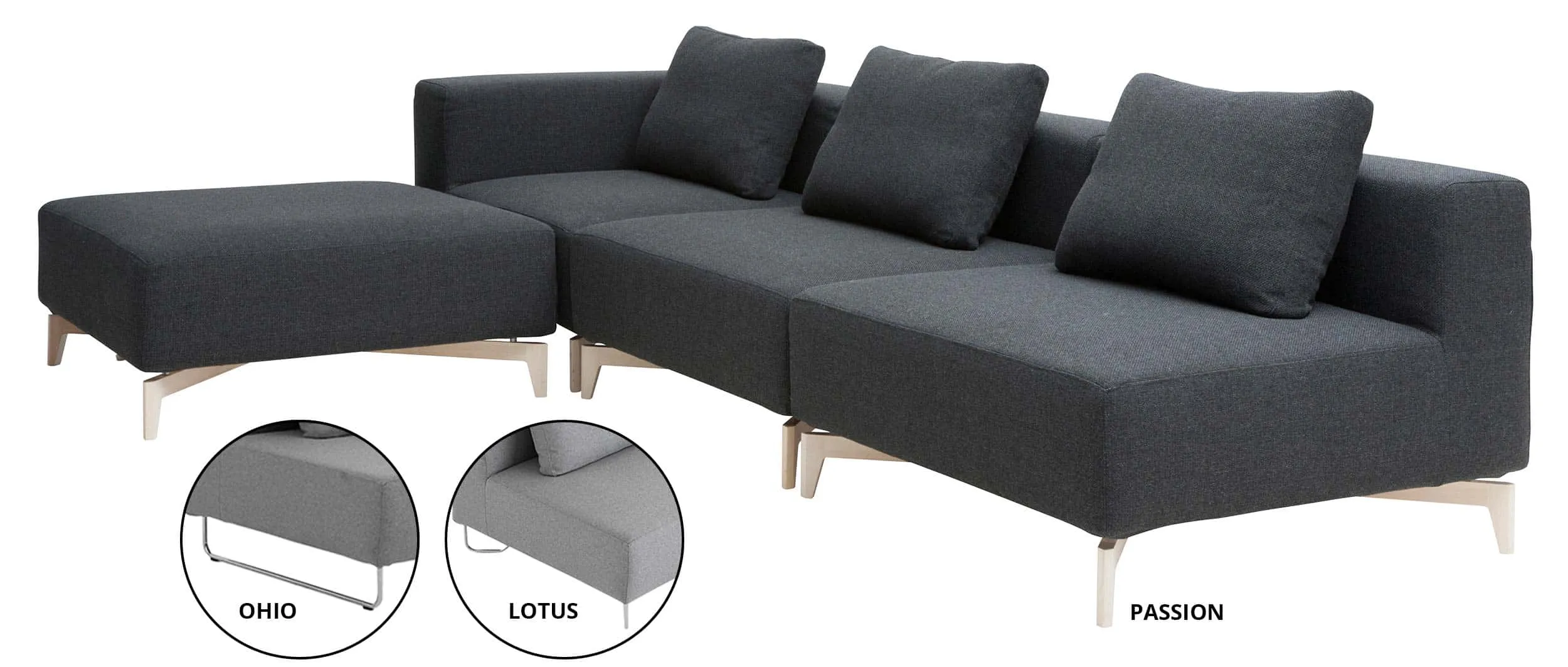Für das LOTUS / PASSION / OHIO Modulsofa von Softline stehen verschiedene Füße zur Auswahl