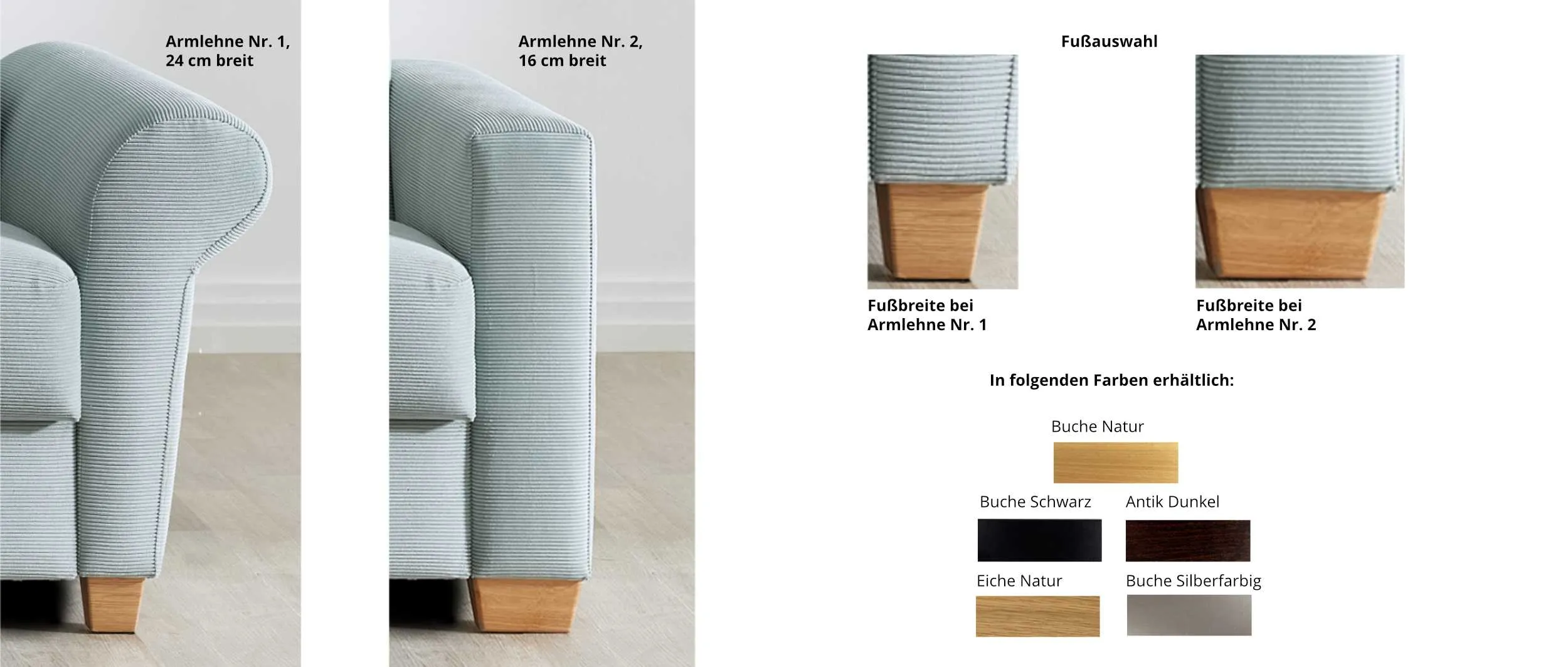 Schlafsofa FREIBURG DELUXE mit verschiedenen Armlehnen und Holzfüßen
