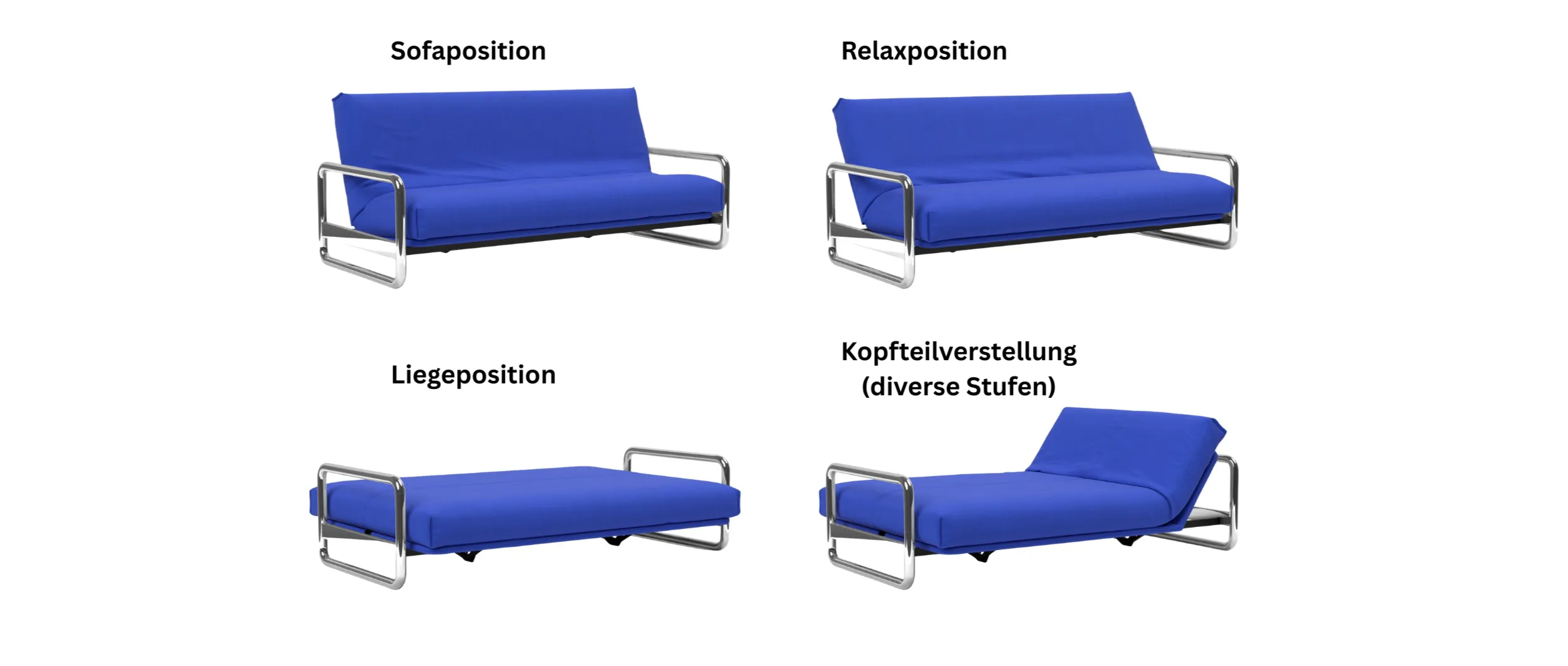 Einstellungsmöglichkeiten der Reihenfolge nach: Sofa-, Relax und Bettfunktion, Kopfteilverstellung