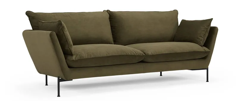 Das Designer Sofa FALUN hier im Cordstoff Cord fein - Pine Green (316) und mit schwarzen Metallfüßen
