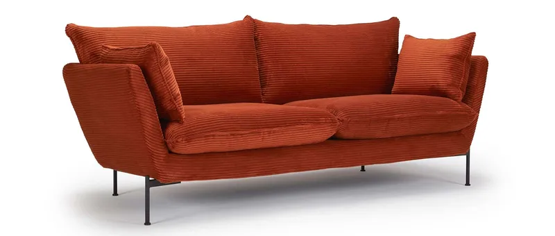 Das FALUN 2-Sitzer Designer Sofa mit schwarzen Metallfüßen im Stoff Cord - Burnt Orange (595)