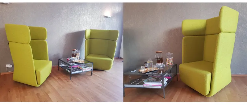 Der BASKET Sessel von Softline mit hoher Rückenlehne und Drehsockel - hier in Gelb