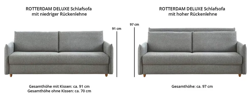 Für das ROTTERDAM DELUXE Dauerschläfer Sofa sind 2 verschiedene Rückenhöhen erhältlich