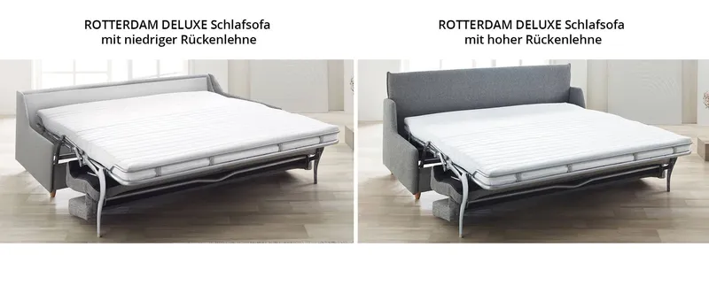 Hier der Vergleich zwischen niedriger und hoher Rückenlehne beim ROTTERDAM DELUXE Dauerschläfer Sofa