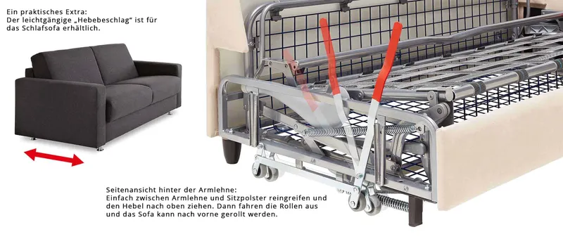 Mit dem Hebebeschlag (ausfahrbare Rollen) kann das eingeklappte Schlafsofa leichter von der Wand nach vorne bewegt werden