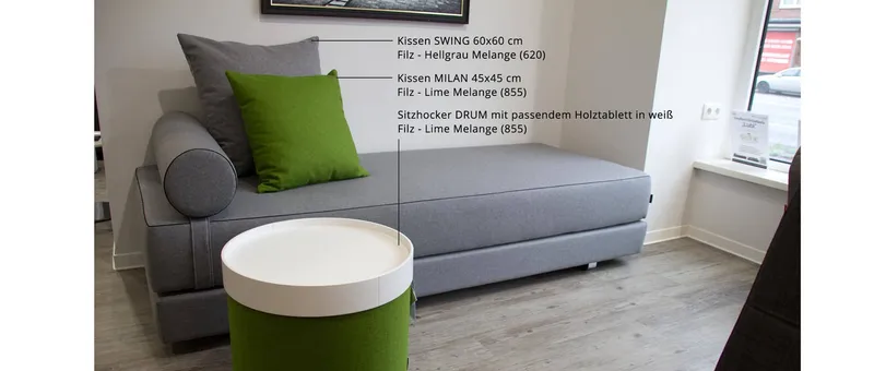 Zum LUBI Daybed im Stoff Ihrer Wahl ist auch passendes Zubehör erhältlich