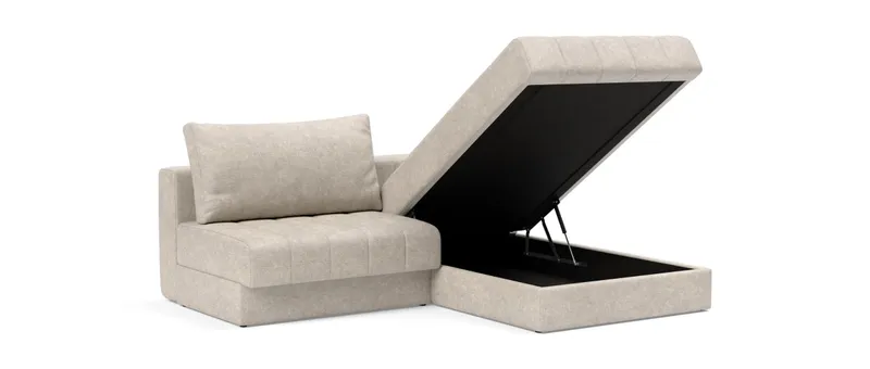 Der im AKELLO LOUNGER Eckschlafsofa integrierte Bettkasten bietet viel Stauraum