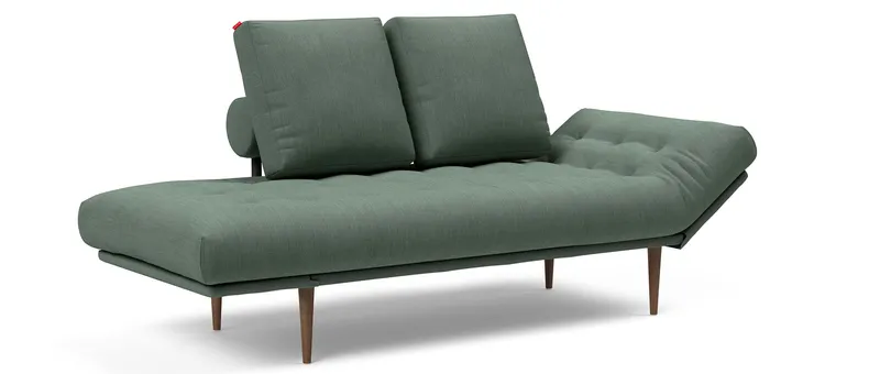 ROLLO mit dunklen Styletto-Holzbeinen, festversteppter Matratze, Gestellbezug und SQUARE Kissen - Stoff Elegance Green (518)