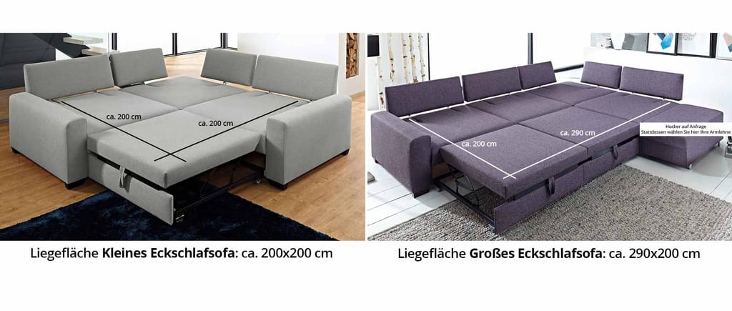 Hier die unterschiedlichen Liegeflächen von ca. 200x200 cm (Kleines Eckschlafsofa) und ca. 290x200 cm (Großes Eckschlafsofa)