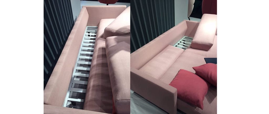 Für die Bettfunktion wird die Sitzfläche nach vorne gezogen und die Rückenkissen werden in die entstandene Lücke gelegt