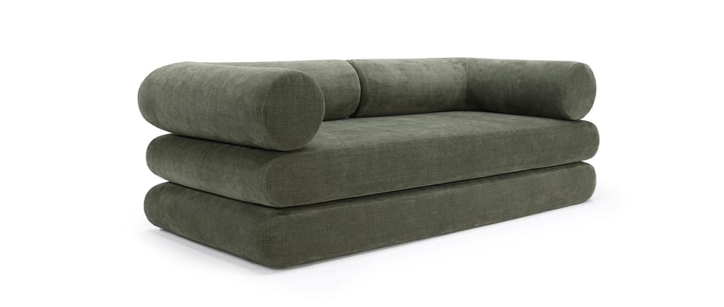 Das CIRCLUS Schlafsofa von Innovation mit Winkelkissen und im regulären Stoff Esina Olive Green (413)