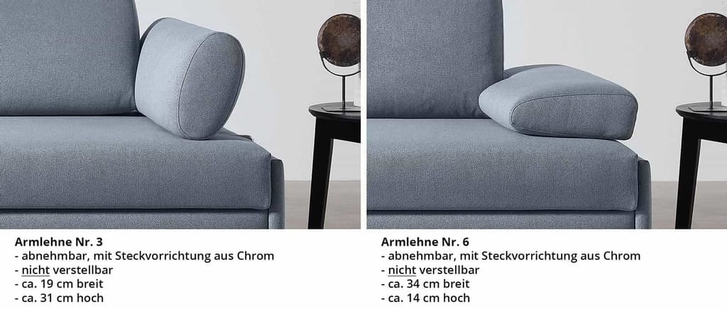 Für das WIEN DELUXE Schlafsofa steht Ihnen eine Auswahl an 2 verschiedenen Armlehnen zur Verfügung