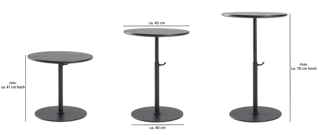 Der Tisch KIFFA von Innovation ist höhenverstellbar. Hier mit schwarz gebeizter Tischplatte aus Eichenholz.