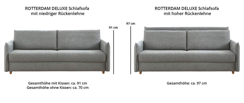 Für das ROTTERDAM DELUXE Dauerschläfer Sofa sind 2 verschiedene Rückenhöhen erhältlich