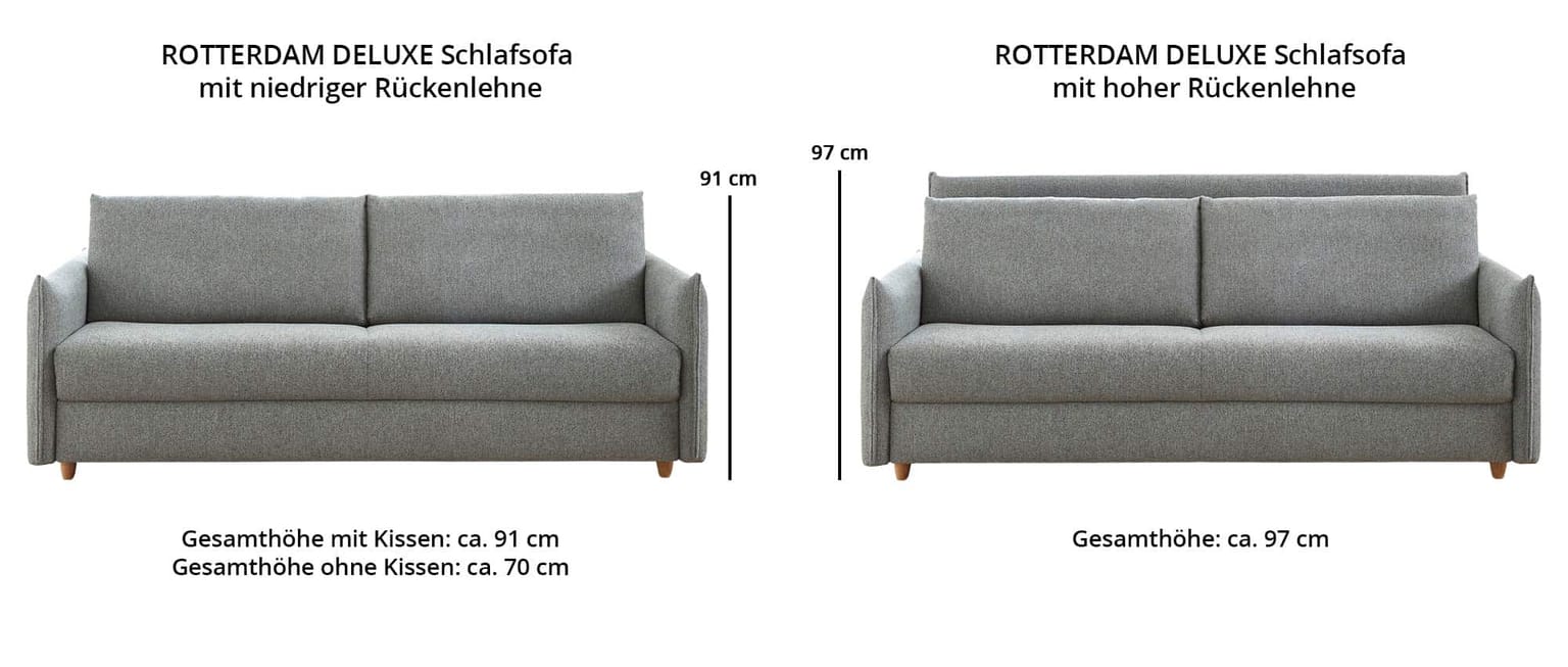 Für das ROTTERDAM DELUXE Dauerschläfer Sofa sind 2 verschiedene Rückenhöhen erhältlich