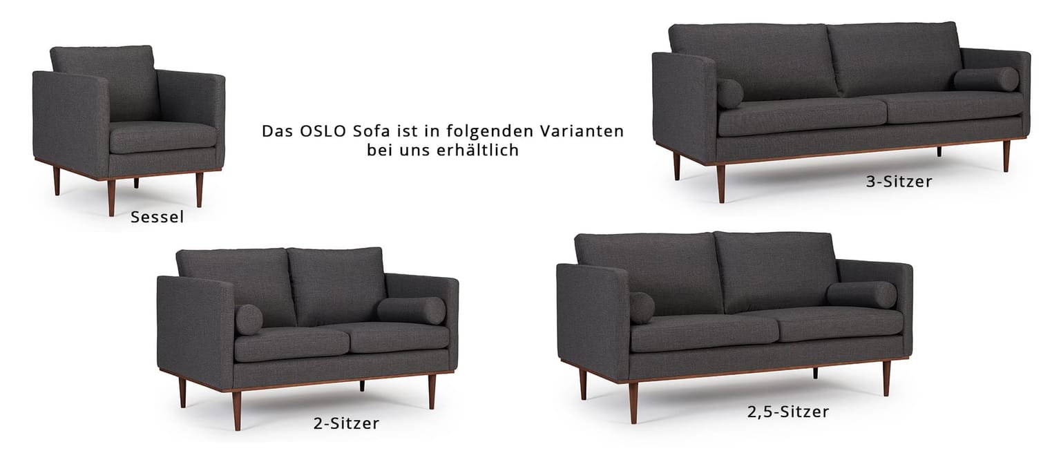 Das OSLO Sofa ist als 2-Sitzer, 2,5-Sitzer, 3-Sitzer und als Sessel erhältlich