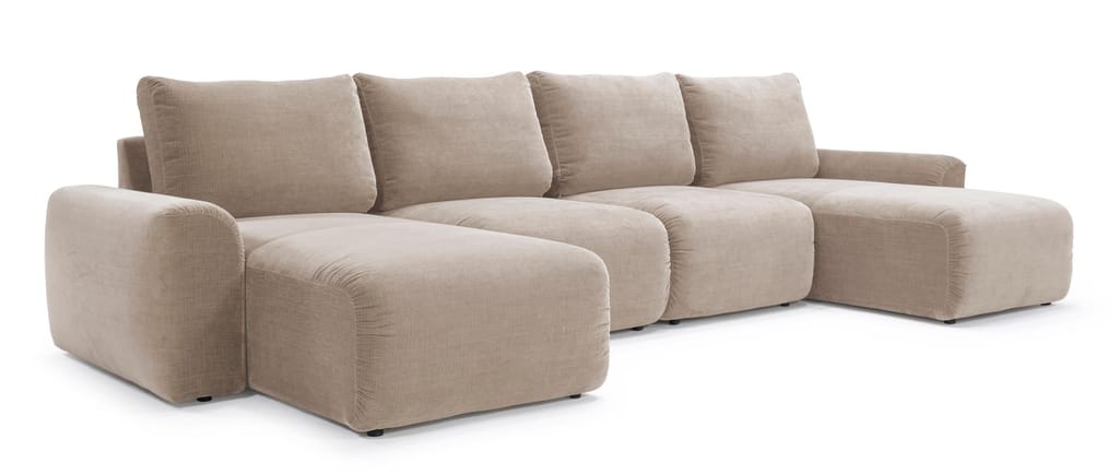 Das Innovation NORUM Schlafsofa in U-Form mit zwei Longchairs und CHUNKY Armlehnen – hier im regulären Stoff Esina Mocha (417)