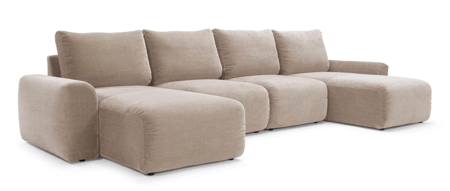 Das Innovation NORUM Schlafsofa in U-Form mit zwei Longchairs und CHUNKY Armlehnen – hier im regulären Stoff Esina Mocha (417)