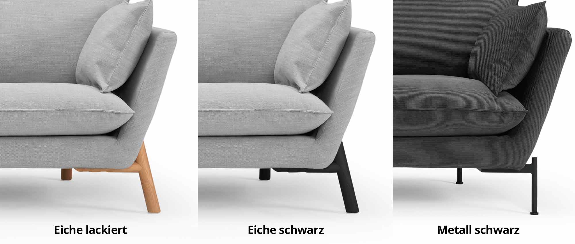 Wählen Sie beim HALDEN Designer Sofa zwischen Holz- oder Metallfüßen