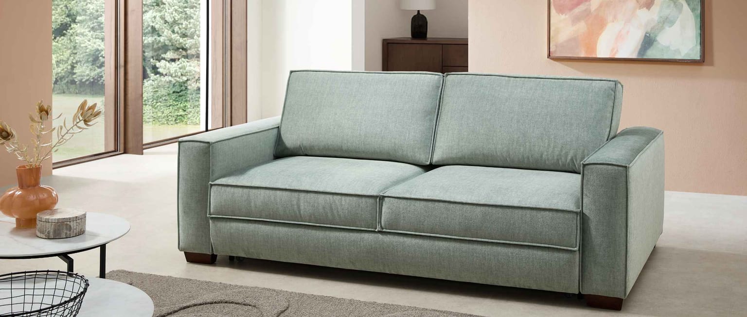 Das KONSTANZ DELUXE Schlafsofa hat eine große Auswahl an Stoffen – hier im Stoff Lima Mint