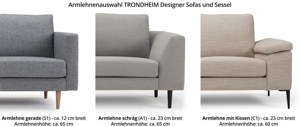 Das TRONDHEIM Designer Ecksofa mit Eckanbau hat verschiedene Armlehnen zur Auswahl