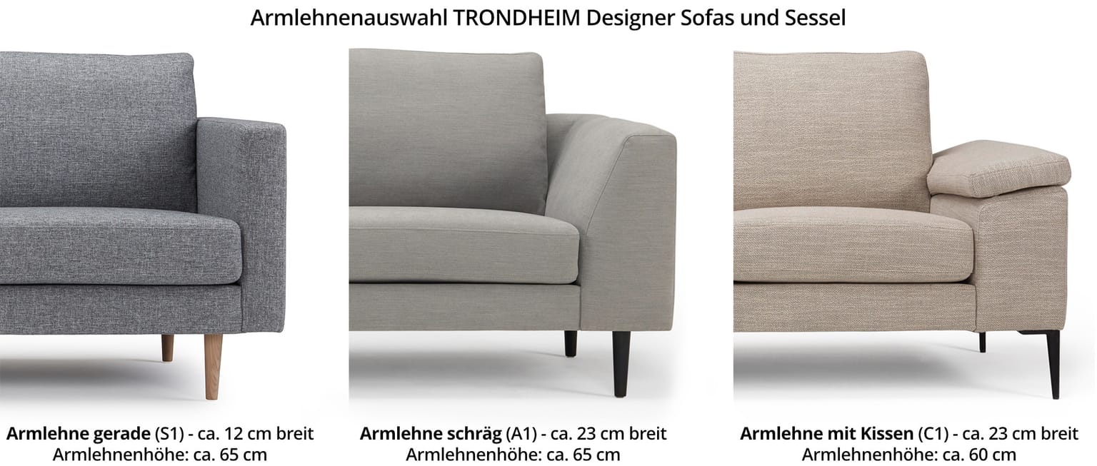 Das TRONDHEIM Designer Ecksofa mit Eckanbau hat verschiedene Armlehnen zur Auswahl