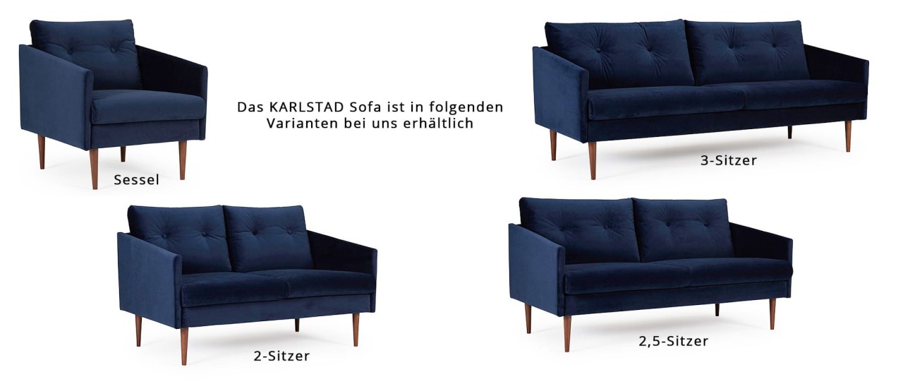 KARLSTAD 2,5-Sitzer Designer Sofa mit Polsterarmlehnen und versteppten Rückenkissen