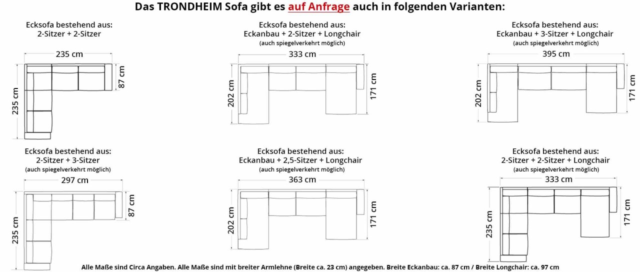 TRONDHEIM 2,5-Sitzer Designer Sofa mit Holz- oder Metallfüßen