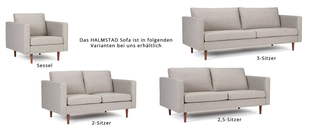 HALMSTAD 2-Sitzer Designer Sofa mit Polsterarmlehnen und Holzfüßen