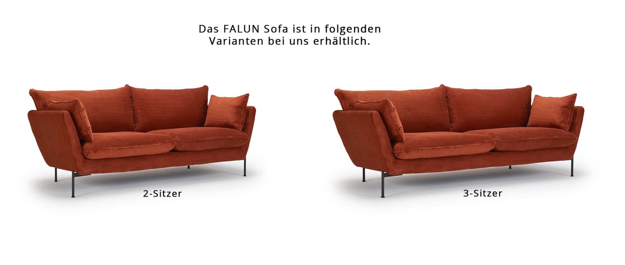 FALUN 2-Sitzer Designer Sofa mit Polsterarmlehnen und Metall- oder Holzfüßen