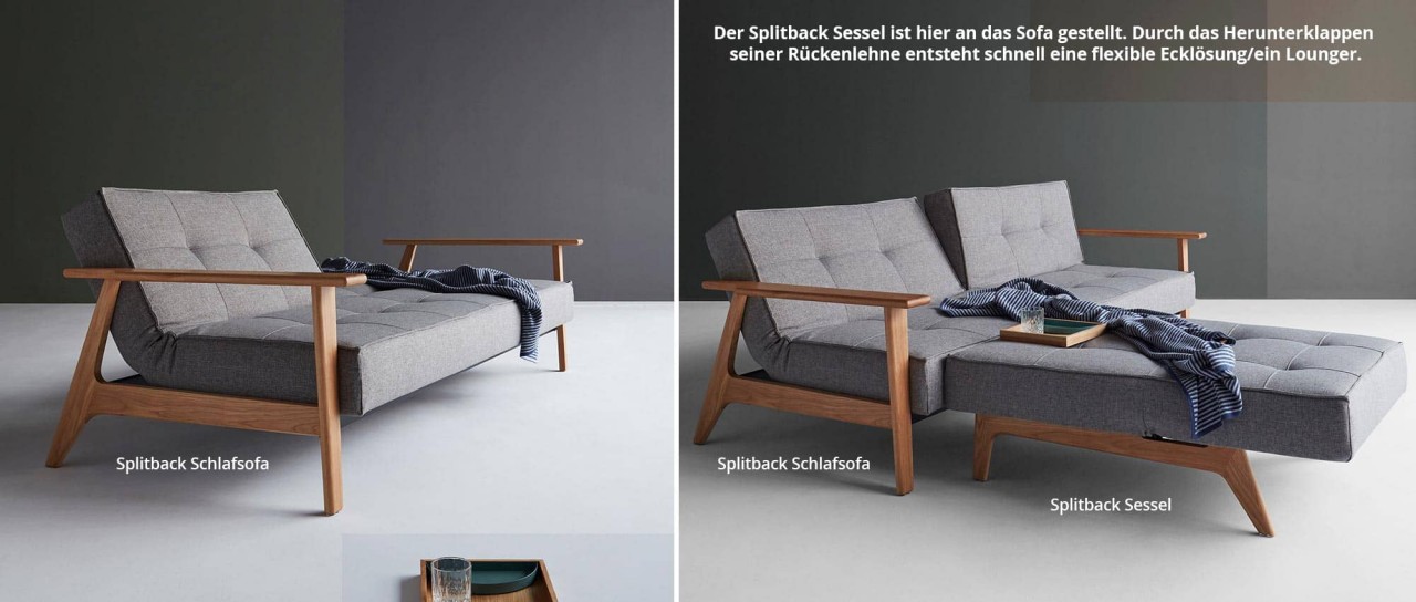 Innovation Schlafsofa SPLITBACK mit Frej und Lauge Holzarmlehnen