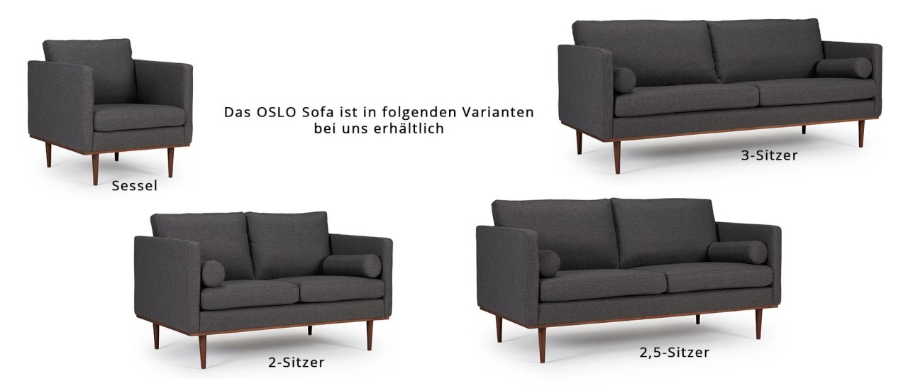 OSLO 3-Sitzer Designer Sofa mit Polsterarmlehnen und runden Seitenkissen