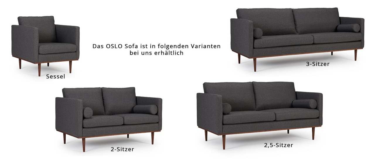 OSLO 2-Sitzer Designer Sofa mit Polsterarmlehnen und runden Seitenkissen