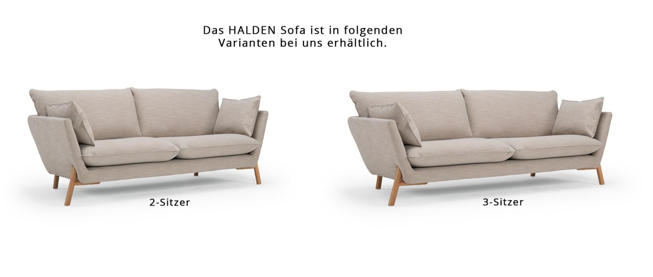 HALDEN 2-Sitzer Designer Sofa mit Polsterarmlehnen und Holz- oder Metallfüßen