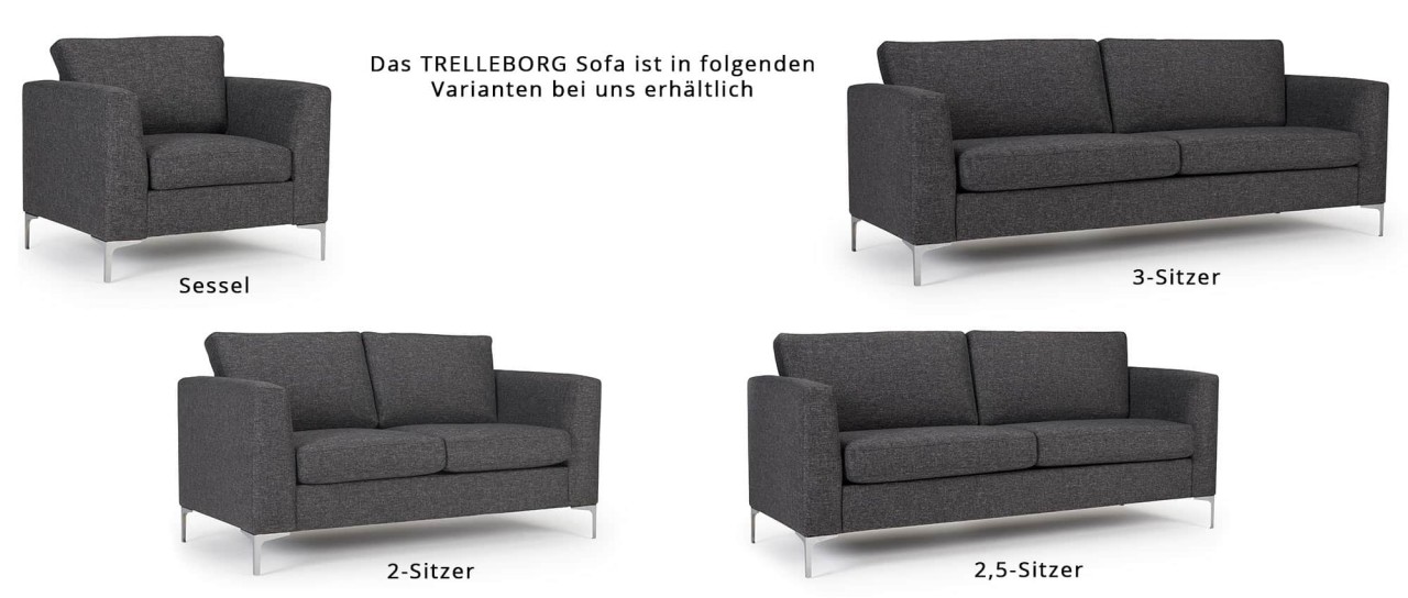 TRELLEBORG 2,5-Sitzer Designer Sofa mit Polsterarmlehnen und Metallfüßen