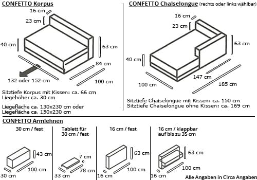 CONFETTO Eckschlafsofa Maße