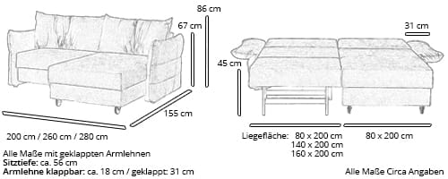 Franz Fertig Eckschlafsofa LIVO SOFT Maße