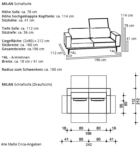 Schlafsofa MILAN von Franz Fertig Maße