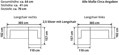 AALBORG Ecksofa mit Longchair und breiten Armlehnen von sofaplus Maße