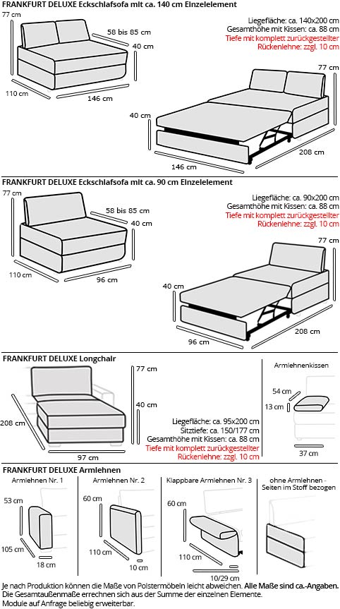 Schlafsofa mit Longchair FRANKFURT DELUXE Maße