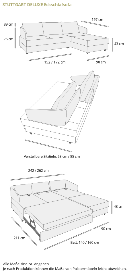 Schlafsofa mit Longchair FRANKFURT DELUXE Maße