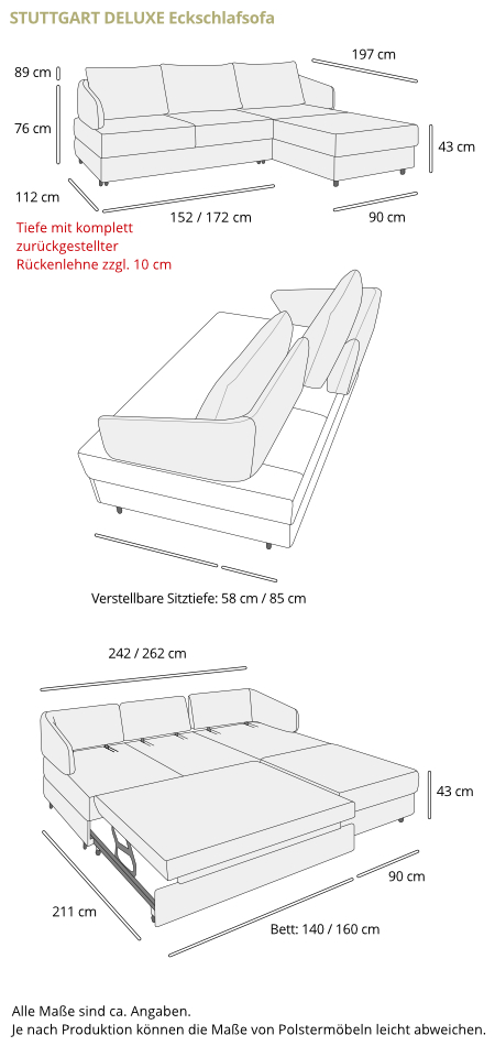 Schlafsofa mit Longchair FRANKFURT DELUXE Maße