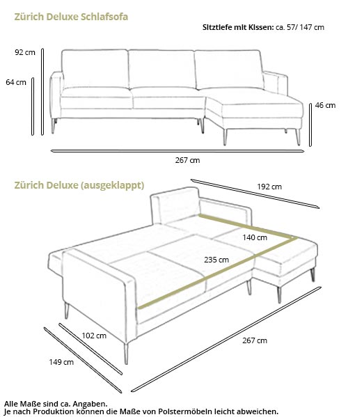 Eckschlafsofa Zürich DELUXE Maße