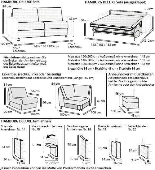 HAMBURG DELUXE Eckschlafsofa mit Eckanbau von sofaplus Maße