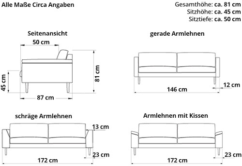 TRONDHEIM 2-Sitzer Designer Sofa von sofaplus Maße